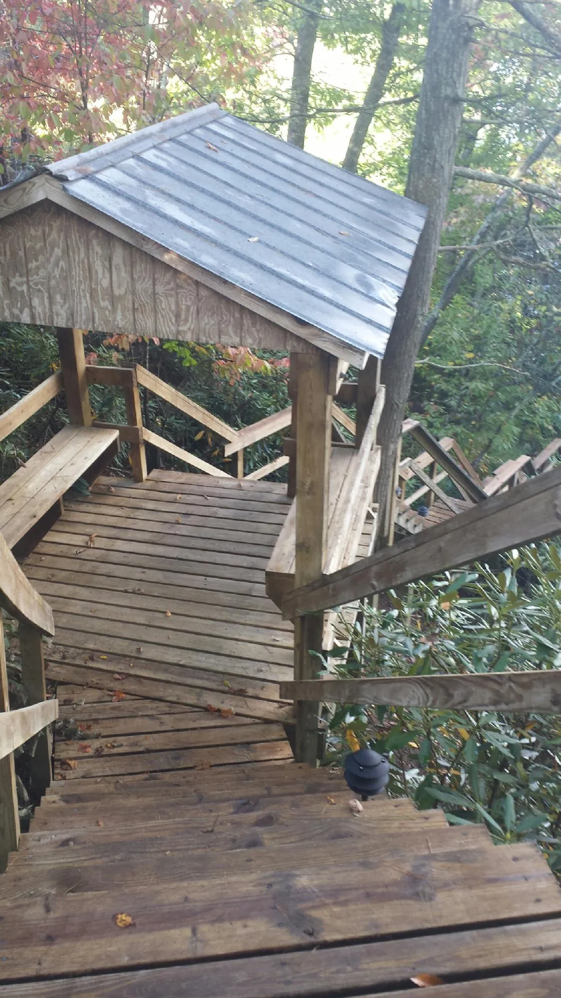 Metal roofed shelter over wooden steps on a wooded walkway — Skylight Repair & Installation work by our crew in Springport